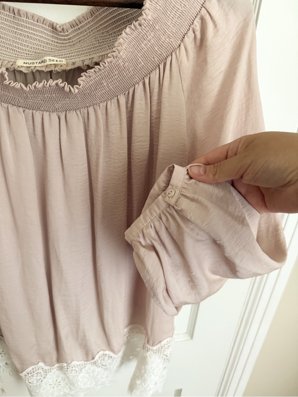 Mustard Seed Blush Pink Smocked Neck Blouse with White Lace Trim - Picture 6 of 9